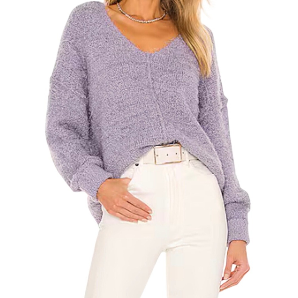 NWT Free People Falling Star V-Neck Fuzzy Eyelash Knit Sweater Purple XS